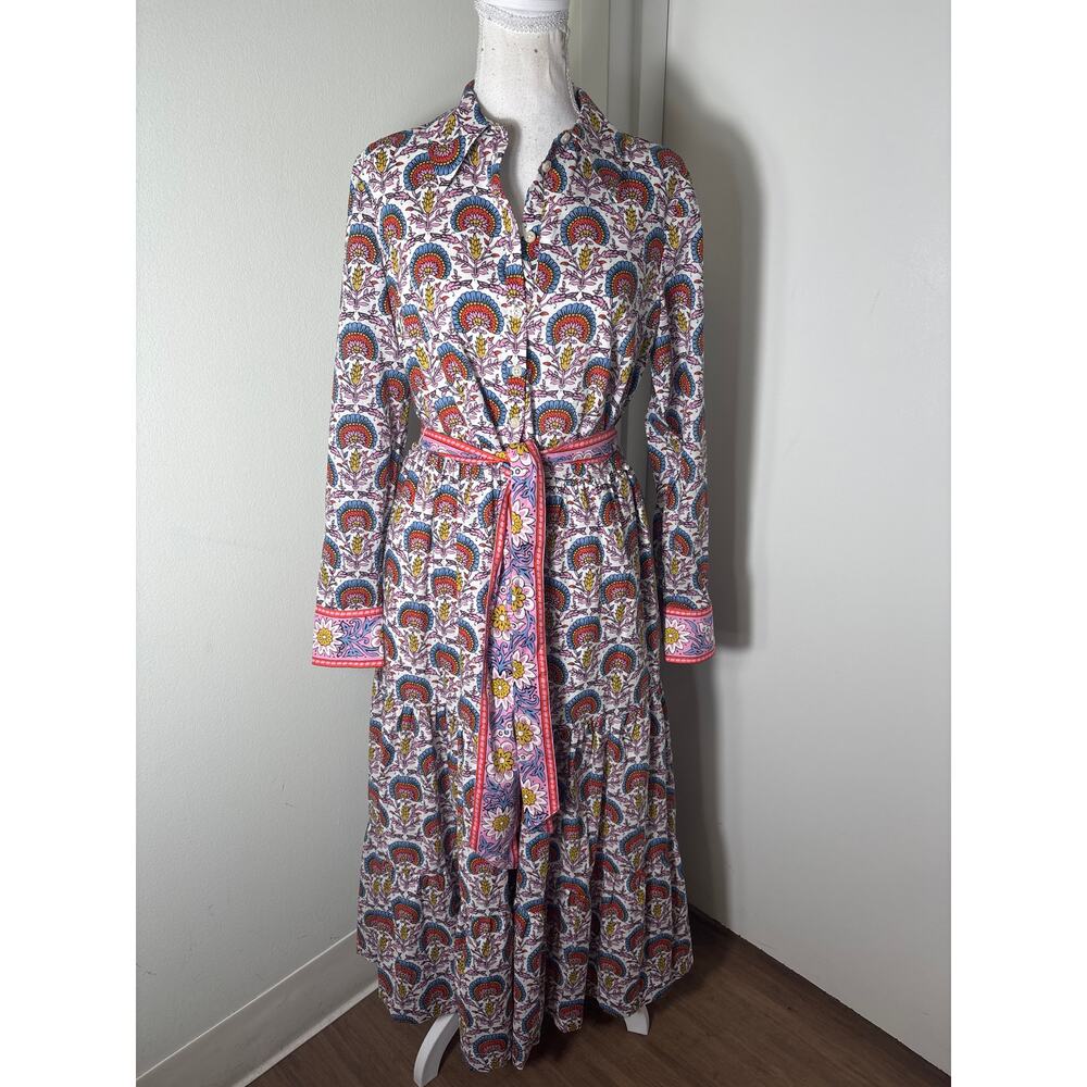Boden Blue Lilac & Orange Floral Block Print Button Up Midi Dress Sz 6